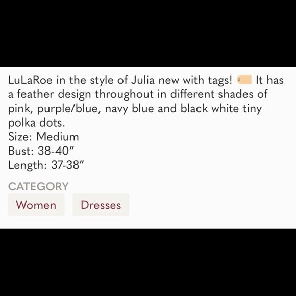 LuLaRoe feathers pink black Julia dress Medium NWT - Picture 6 of 6
